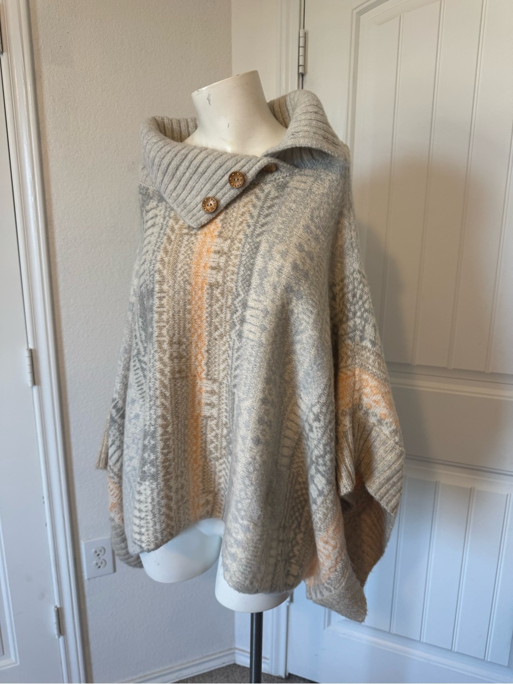Free People Neutral Patterned Poncho with Peach Accents